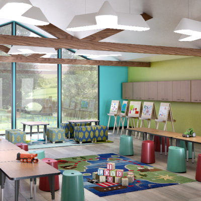 3d visualization educational rendering classroom with custom school furniture