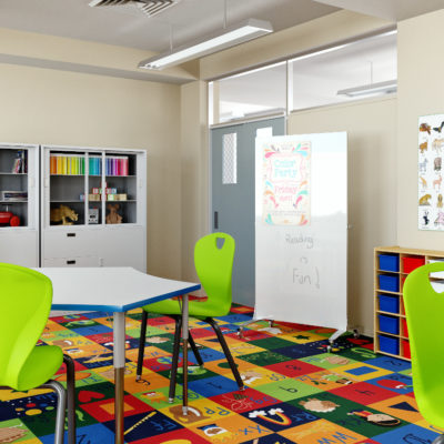 3d visualization educational rendering classroom with school furniture